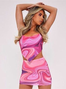 Pink & Purple Tie Dye Abstract Print Two Piece Skirt Set